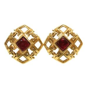 CHANEL Vintage Coco Mark Red Gold Clip-on Earrings